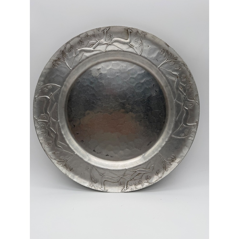Vintage Forged Aluminum Intaglio Design Leaping Deer Serving Tray Platter 15in